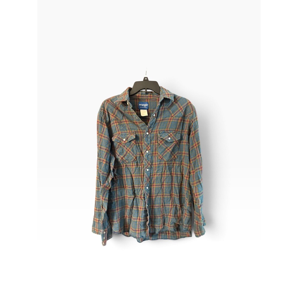 Wrangler Western Mens Large Blue Orange Plaid Flannel Pearl Snap Long Sleeve